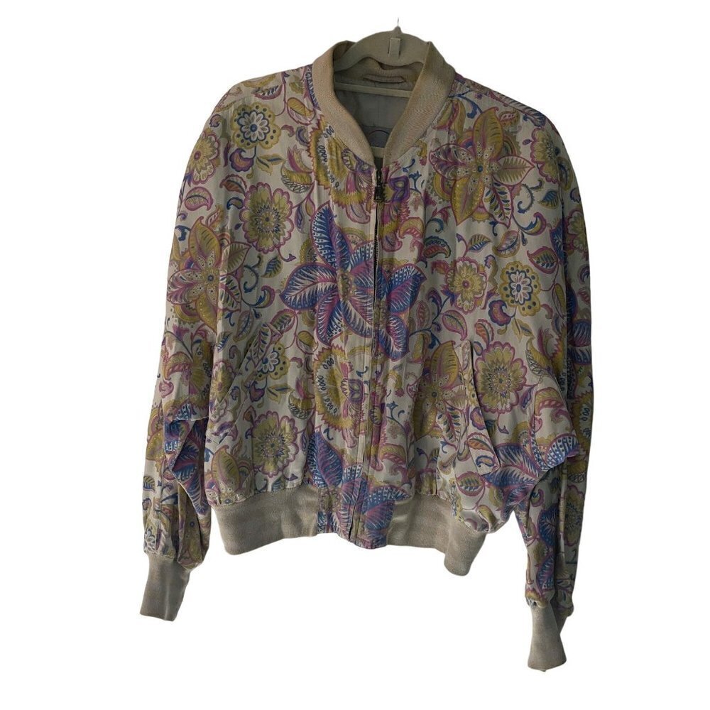Bogner Vintage Womens Bomber Jacket Size 12 Silk Viscose Blend Floral 90s Beige - Picture 9 of 9